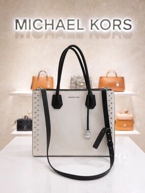 Michael Kors White & Black Studded Leather Tote Bag